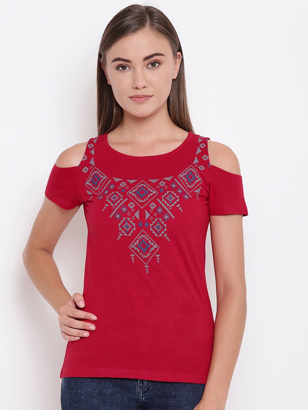 

Miss Grace Ethnic Motif Embroidered Cold-Shoulder Top, Red