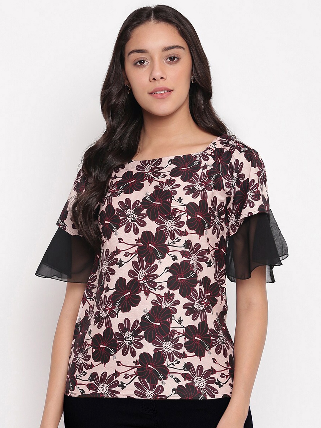 

Miss Grace Floral Print Bell Sleeves Regular Top, Black