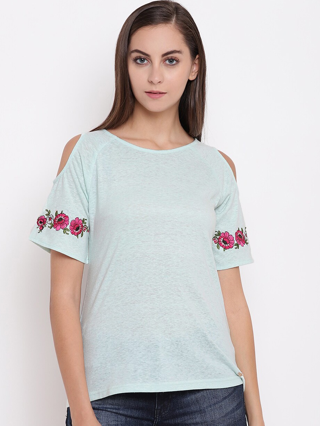 

Miss Grace Floral Embroidered Cold-Shoulder Sleeves Top, Sea green