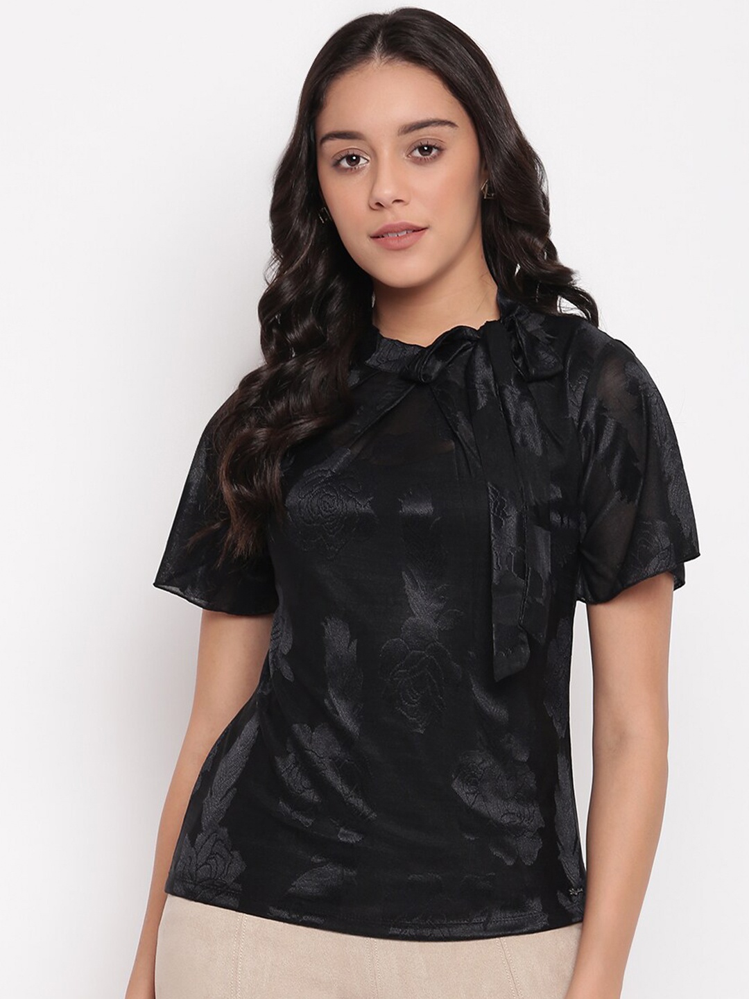 

Miss Grace Self Design Round Neck Top, Black