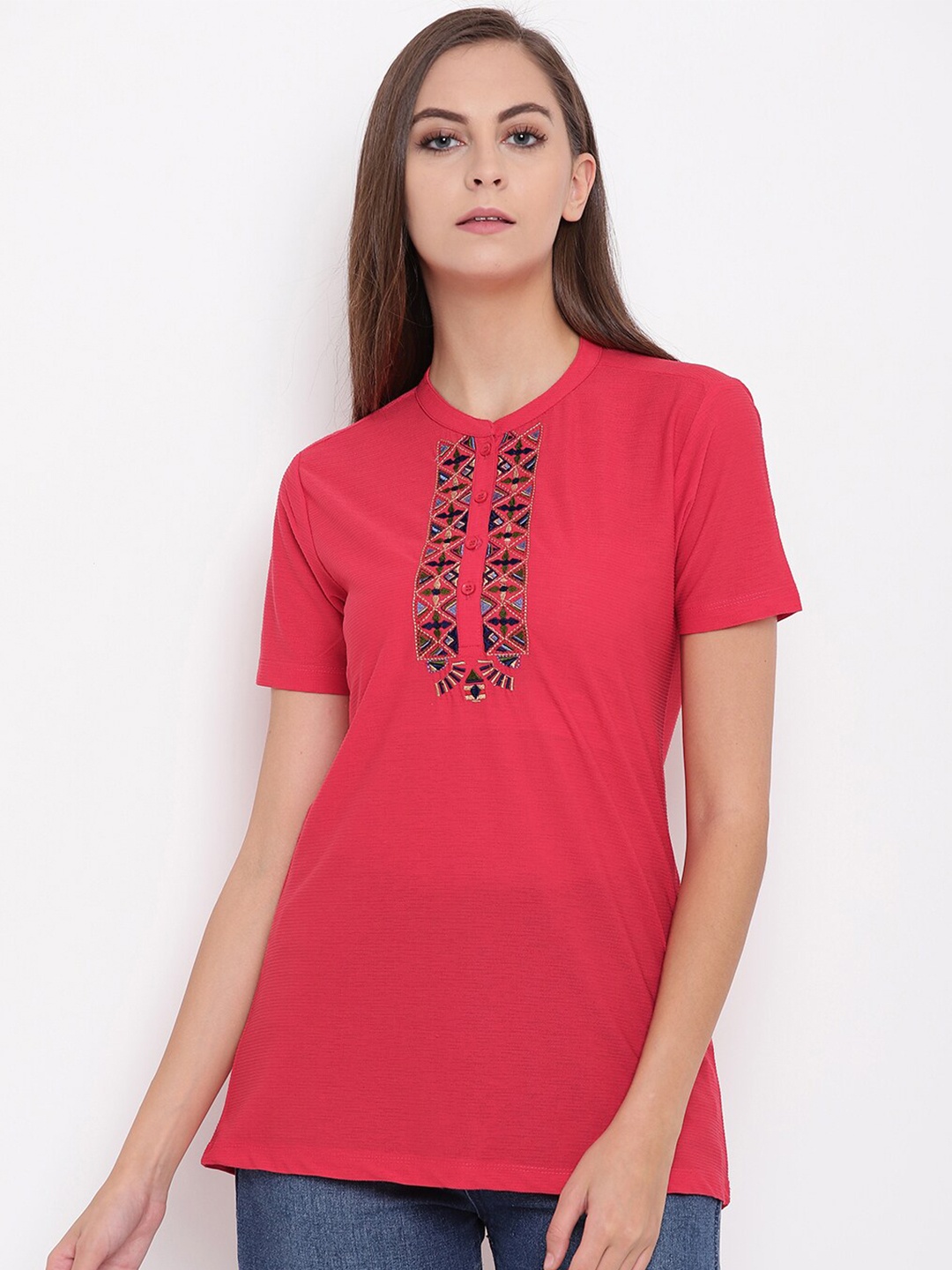 

Miss Grace Ethnic Motifs Embroidered Round Neck Top, Pink
