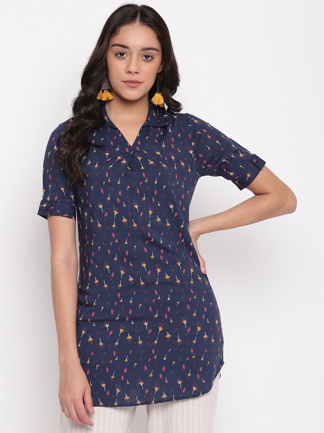 

Miss Grace Floral Printed Shirt Collar Longline Top, Navy blue