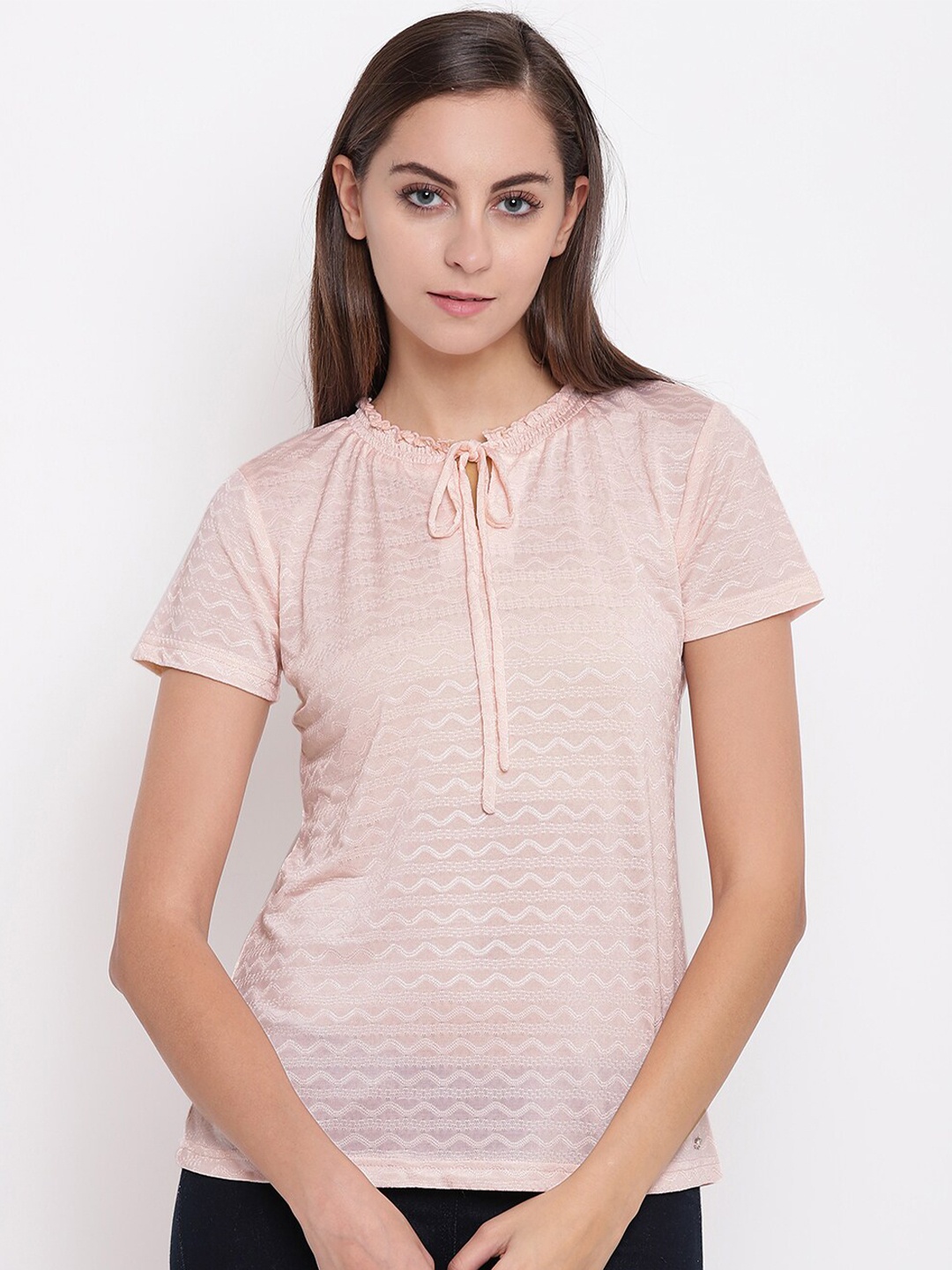 

Miss Grace Self Design Tie-Up Neck Top, Pink