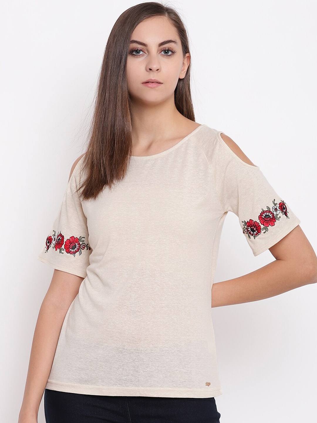 

Miss Grace Floral Embroidered Cold-Shoulder Top, Beige