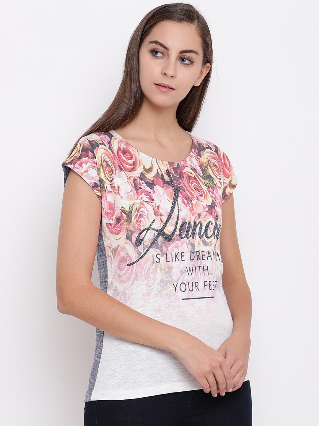 

Miss Grace Floral Print Extended Sleeves Studded Top, Navy blue