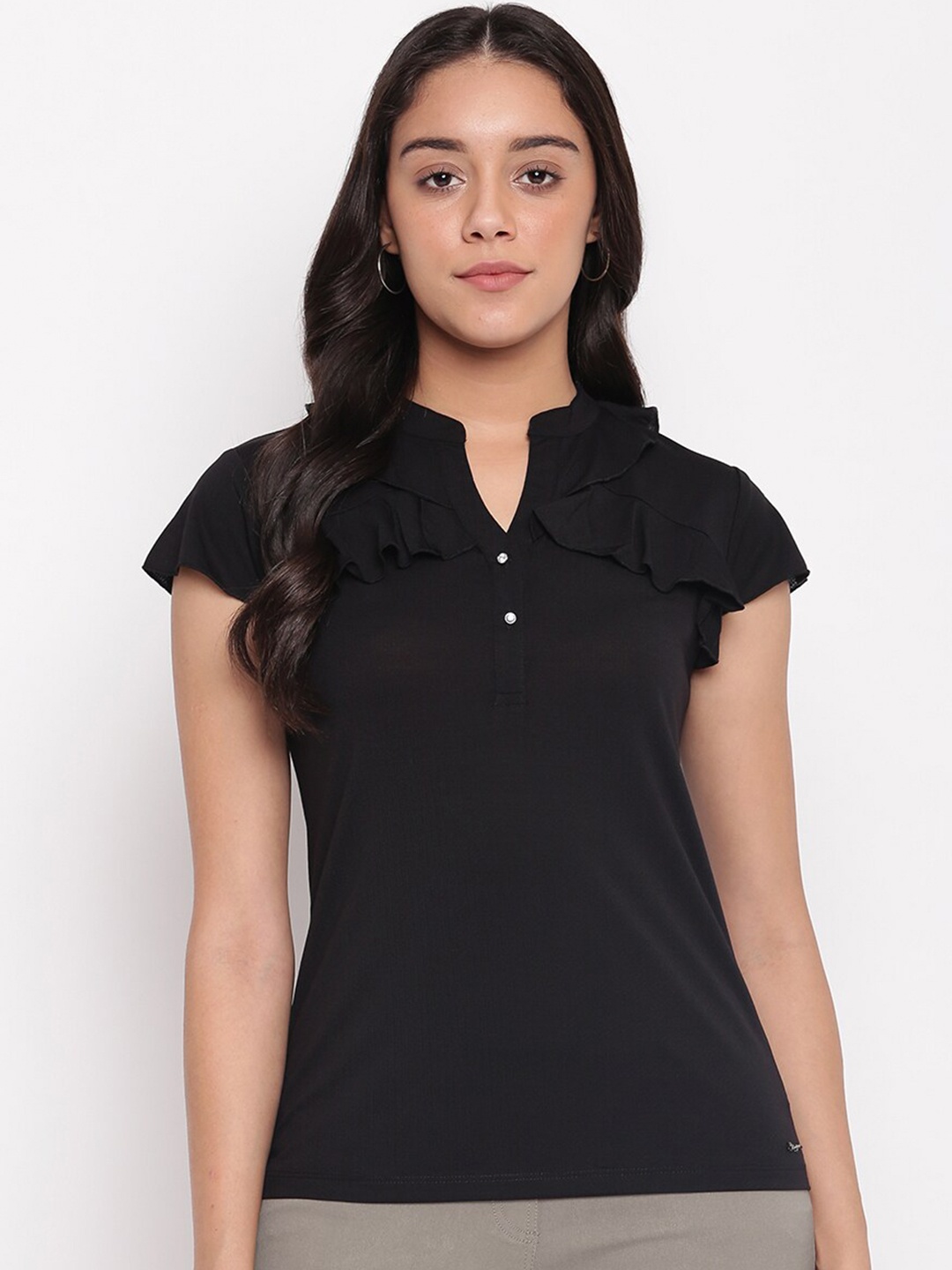 

Miss Grace Mandarin Collar Cap Sleeves Ruffles Top, Black