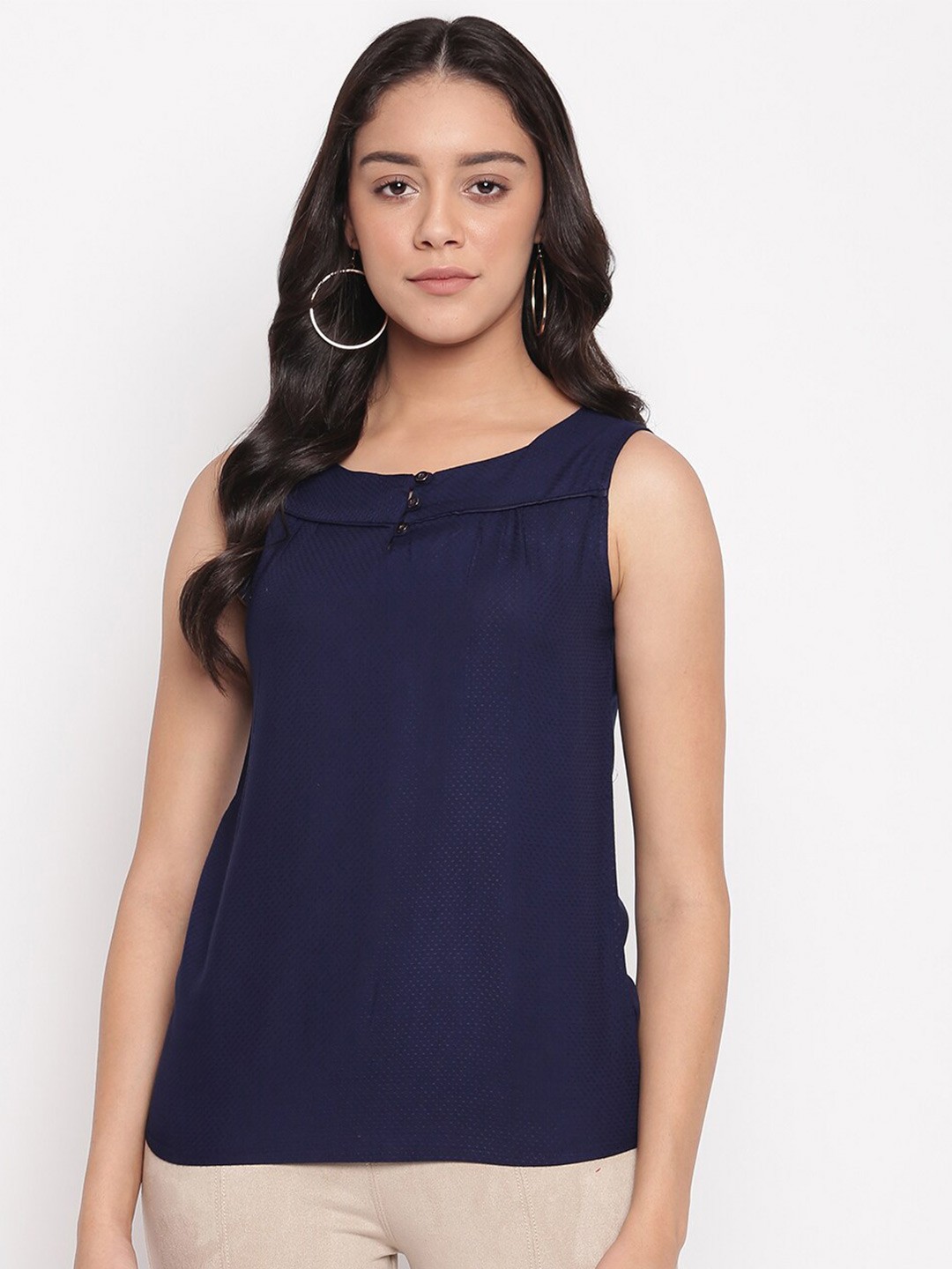 

Miss Grace Self Design Sleeveless A-Line Top, Navy blue
