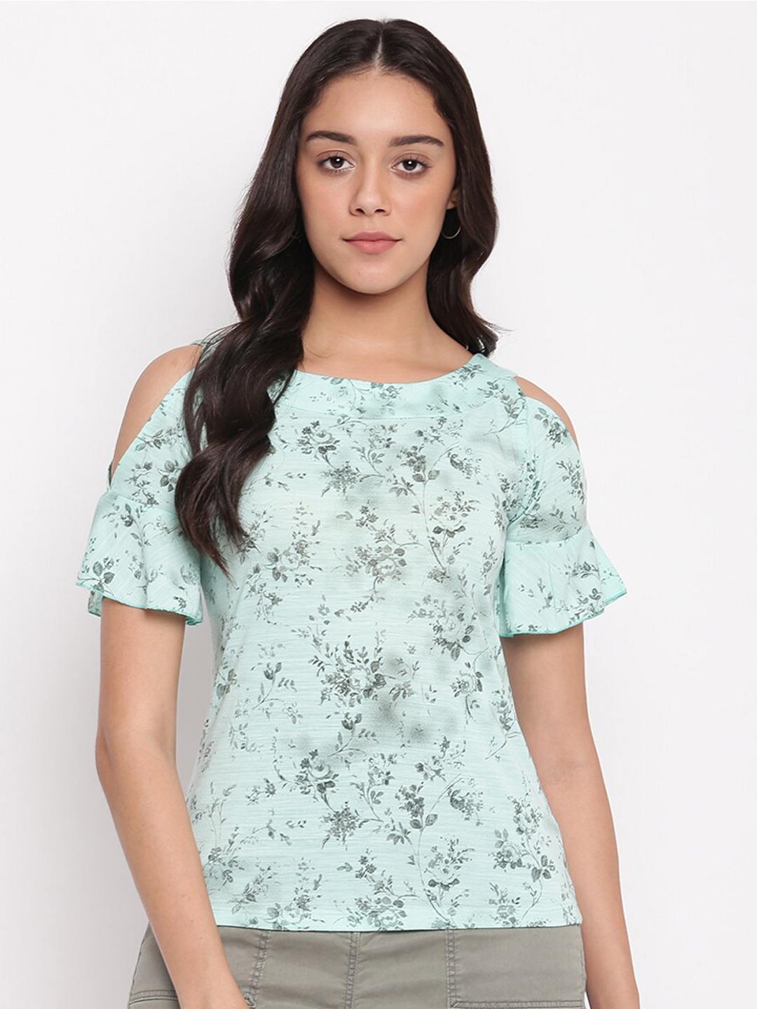 

Miss Grace Floral Printed Cold-Shoulder Sleeves Top, Green