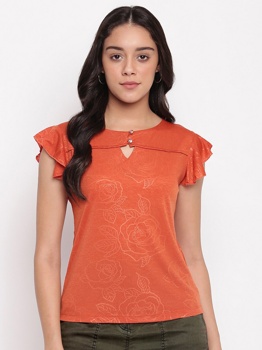 

Miss Grace Floral Printed Keyhole Neck Flutter Sleeves Top, Rust