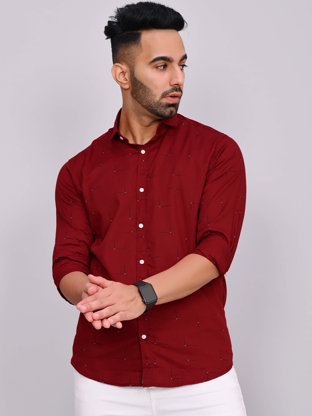 

S-LINE Classic Geometric Printed Spread Collar Cotton Casual Shirt, Maroon