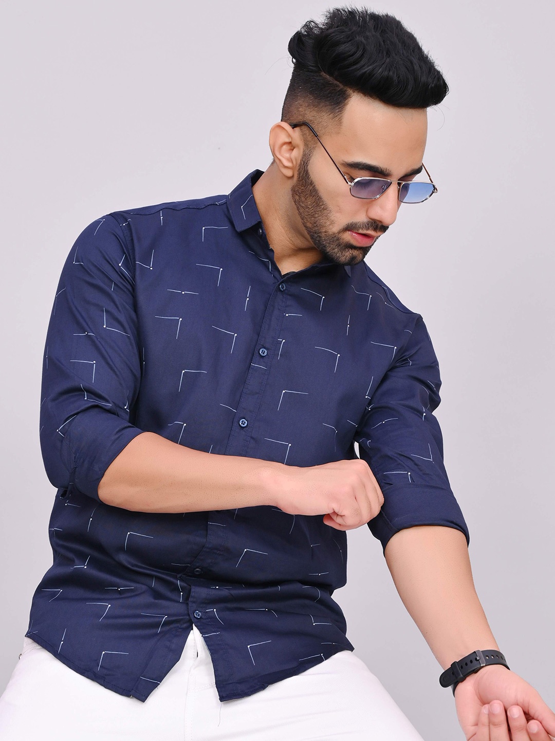 

S-LINE Classic Geometric Printed Spread Collar Cotton Casual Shirt, Navy blue