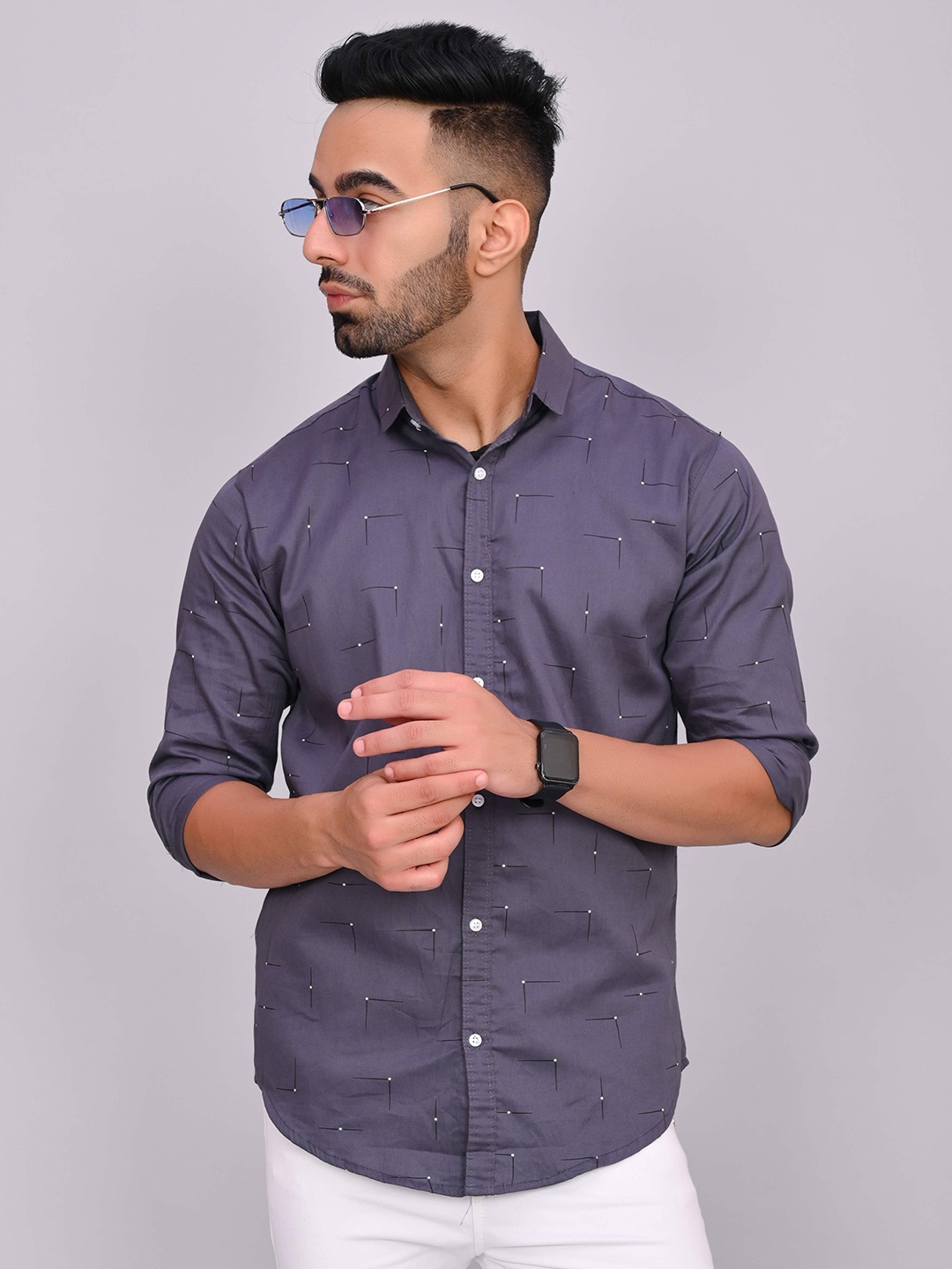 

S-LINE Classic Geometric Printed Spread Collar Cotton Casual Shirt, Grey
