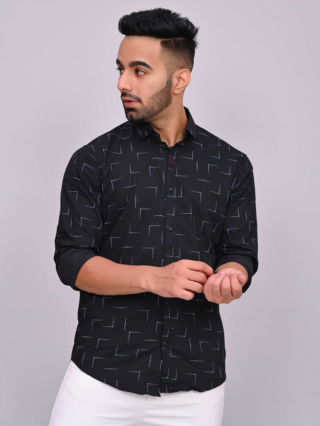 

S-LINE Classic Geometric Printed Spread Collar Cotton Casual Shirt, Black