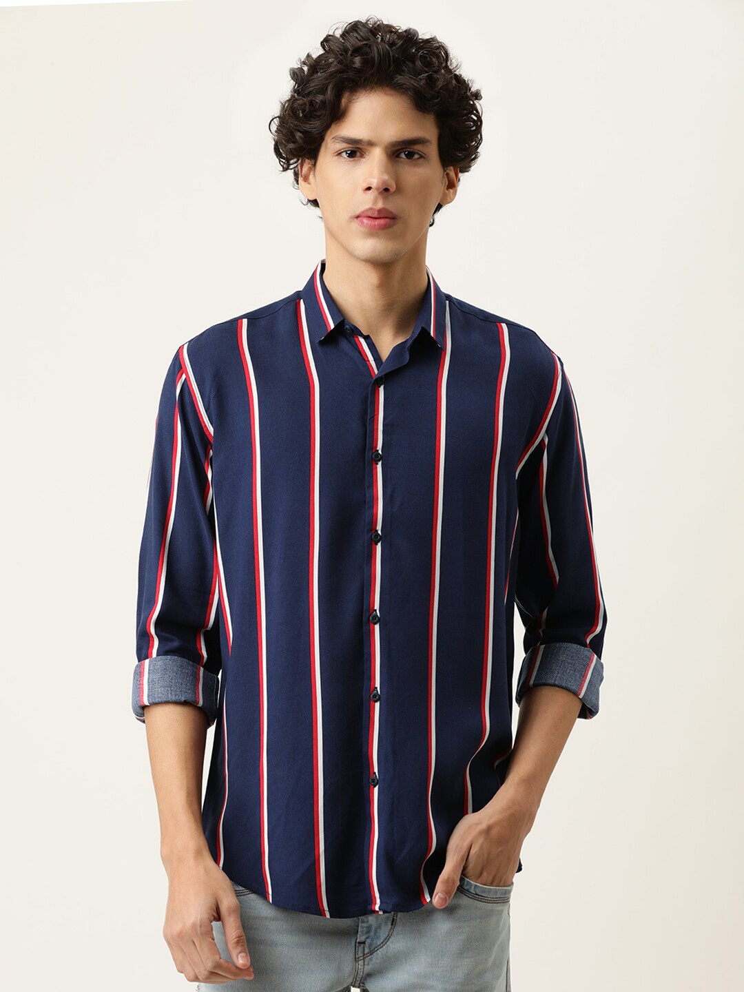 

Bene Kleed Striped Printed Spread Collar Slim Fit Casual Shirt, Navy blue