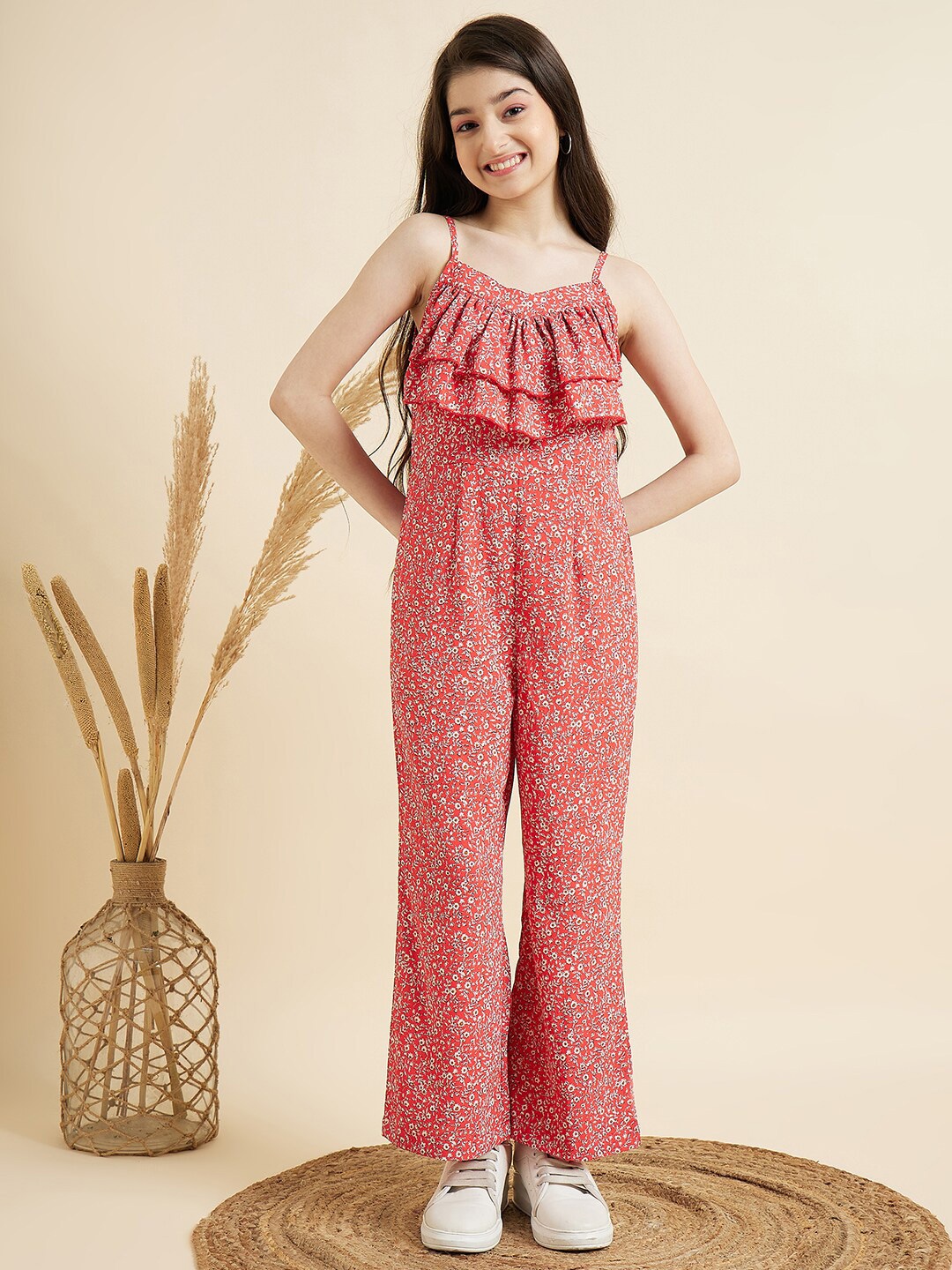 

Cherry & Jerry Girls Printed Shoulder Straps Ruffles Basic Jumpsuit, Red