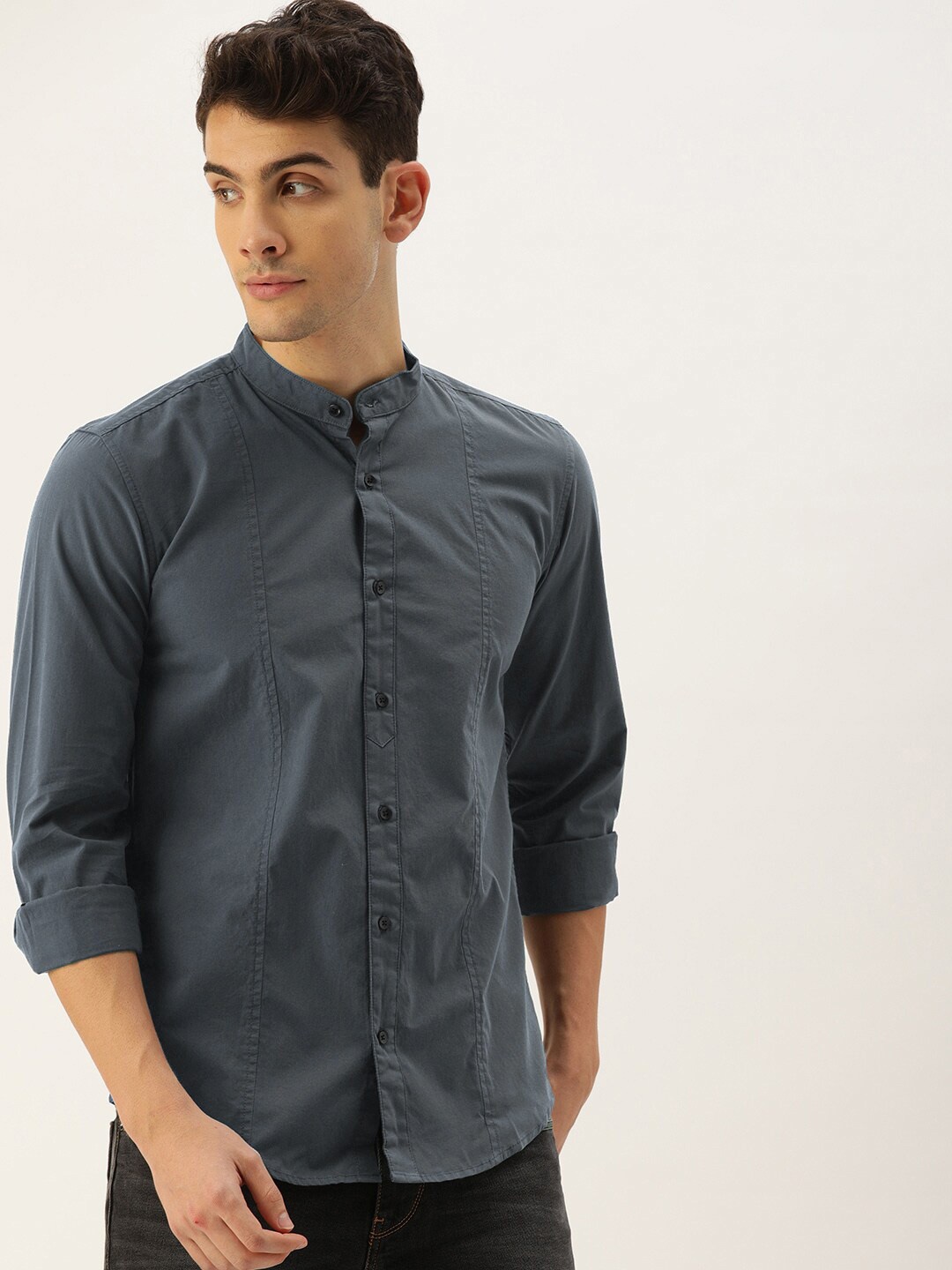 

IVOC Slim Fit Band Collar Pure Cotton Casual Shirt, Charcoal