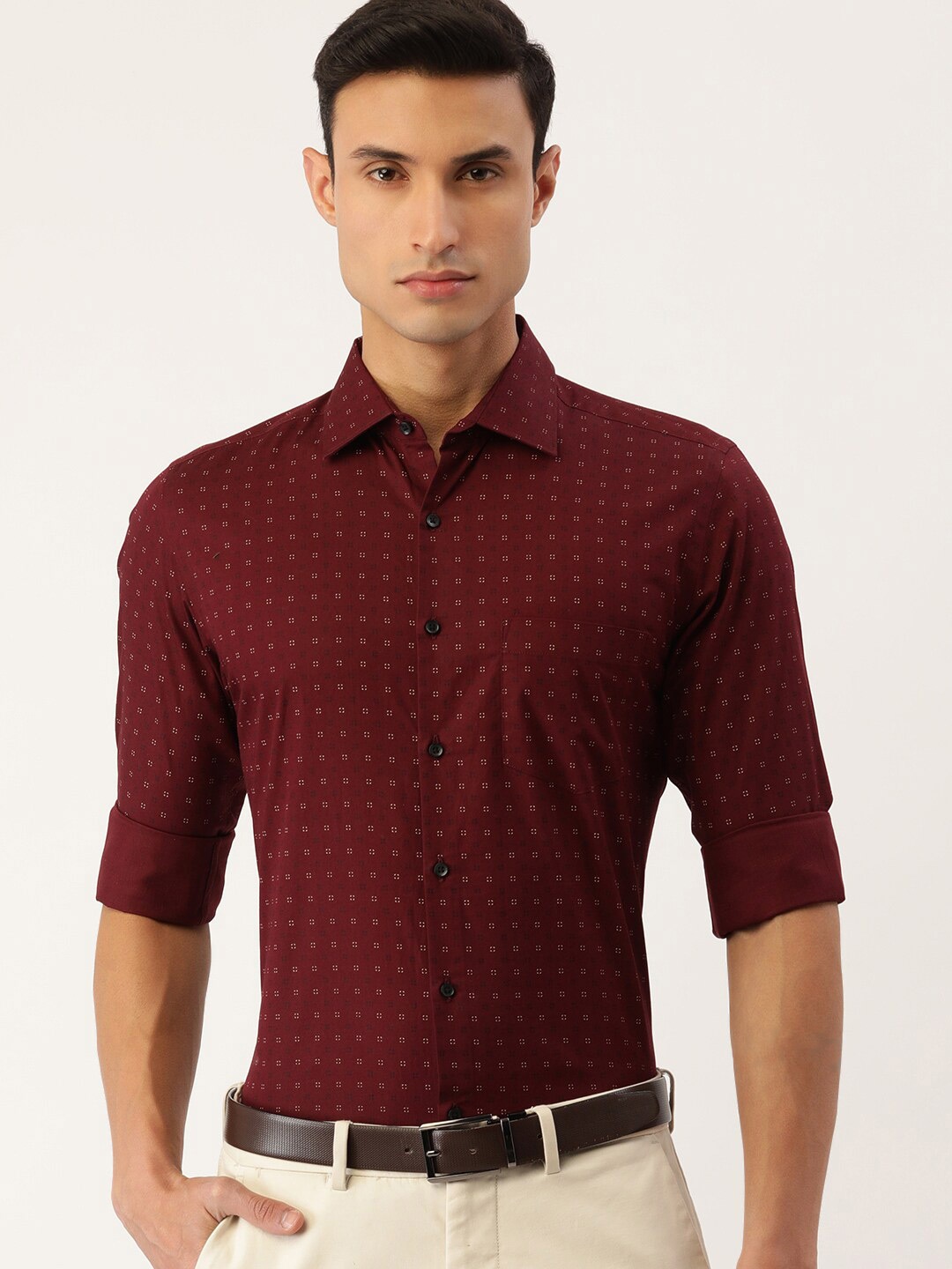 

IVOC Slim Fit Micro Ditsy Printed Spread Collar Cotton Formal Shirt, Maroon