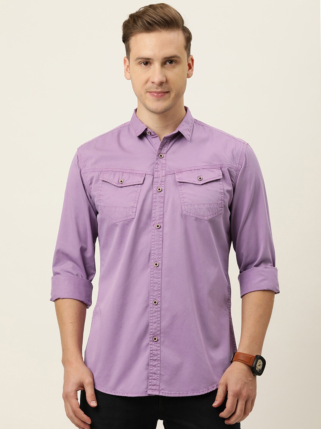 

IVOC Chest Pocket Slim Fit Cotton Casual Shirt, Purple