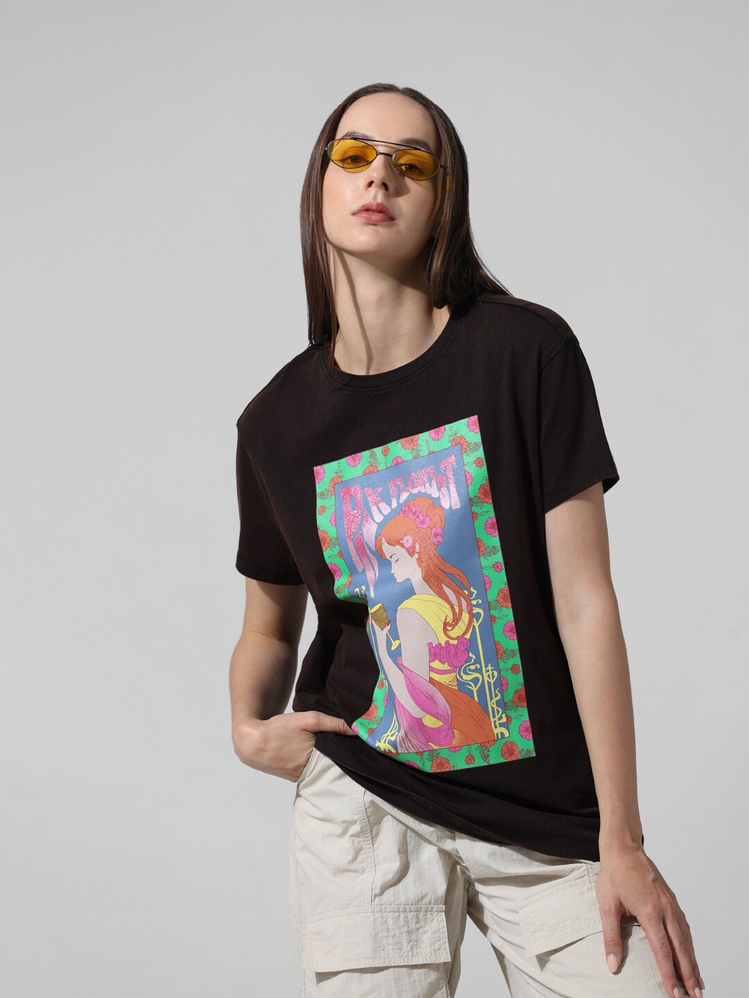 

ONLY Graphic Printed Round Neck Pure Cotton T-shirt, Black