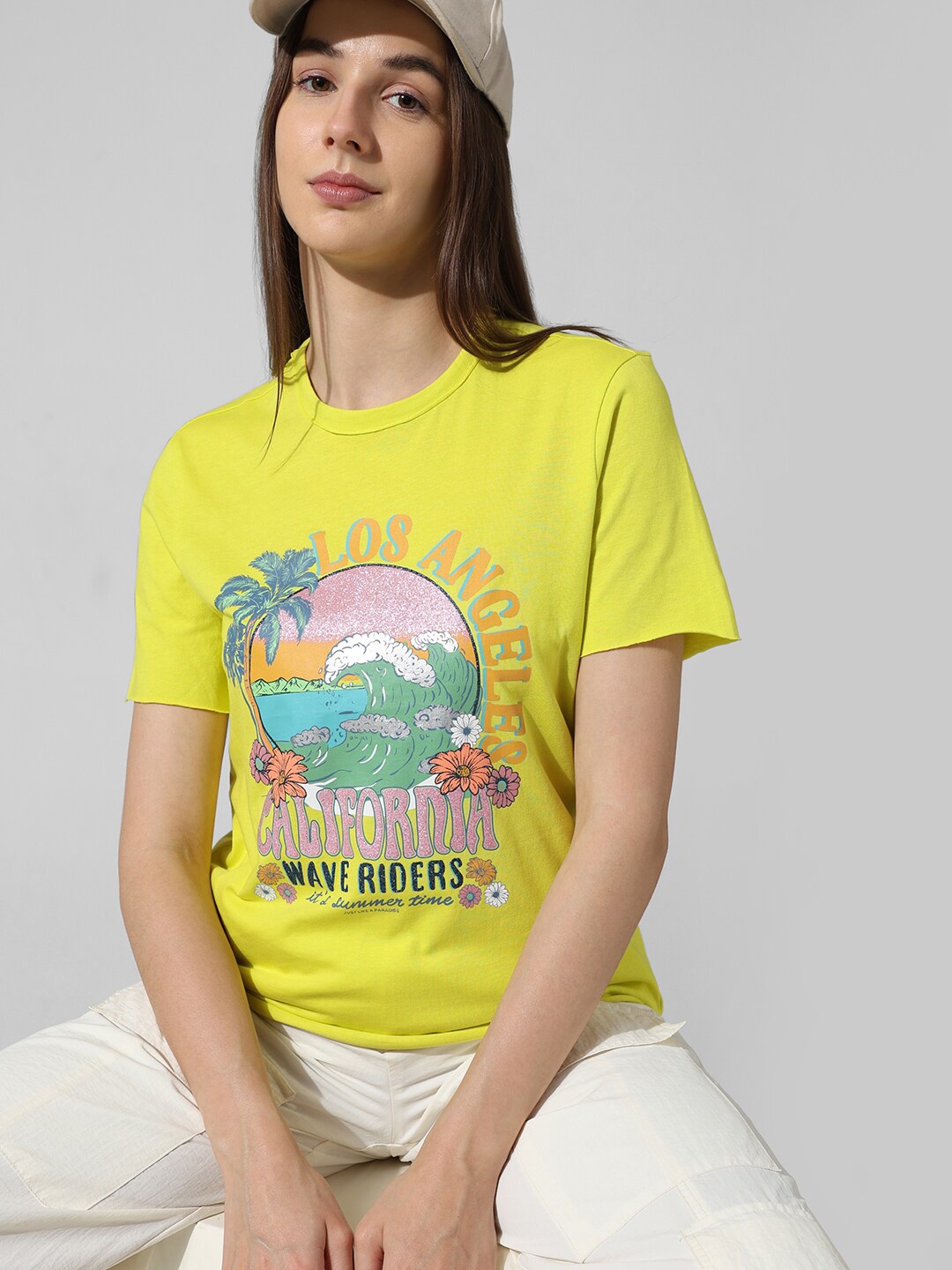 

ONLY People & Places Printed Round Neck Pure Cotton T-shirt, Yellow