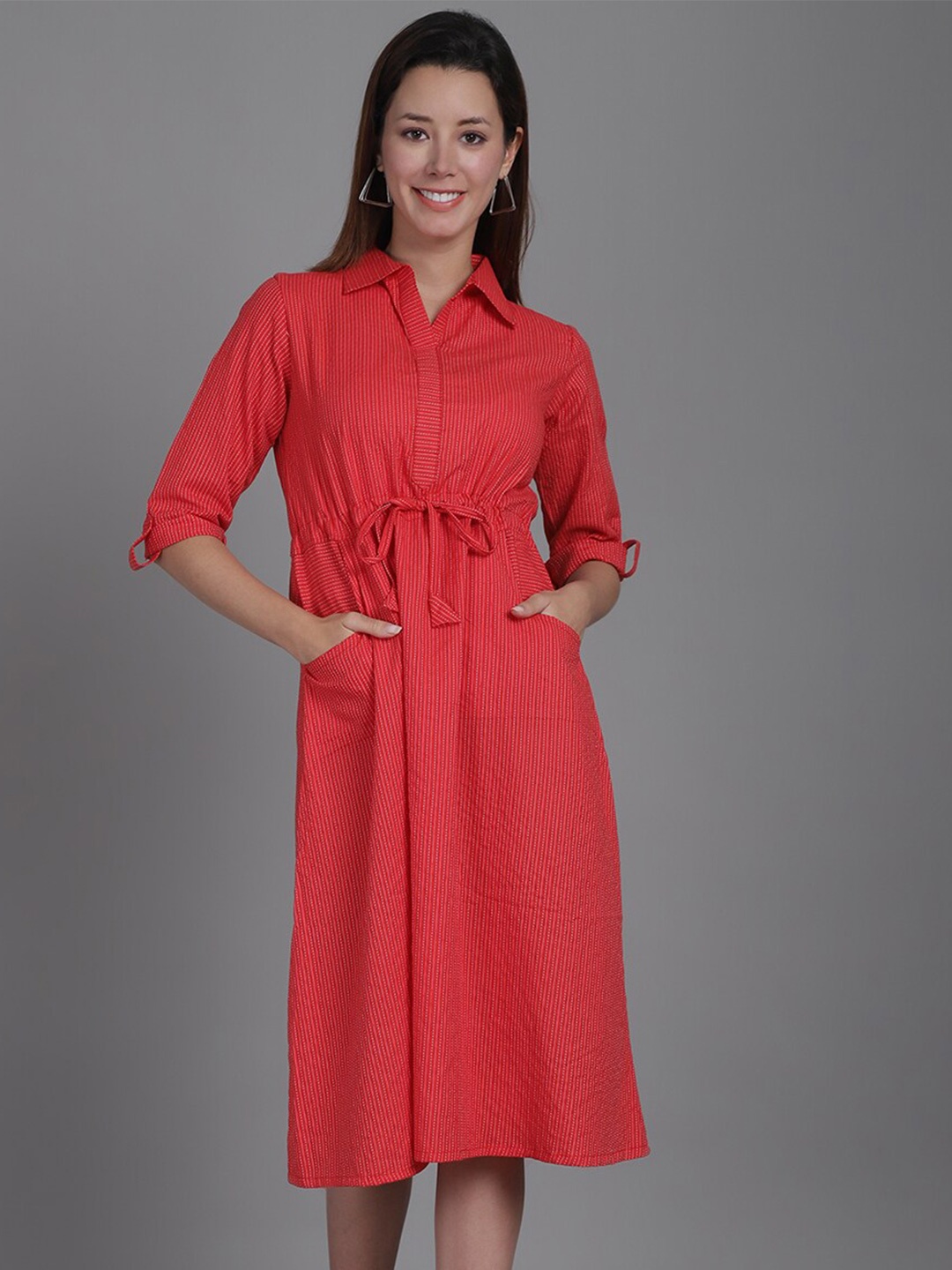 

Aarsha Striped Cotton Shirt Midi Dress, Red