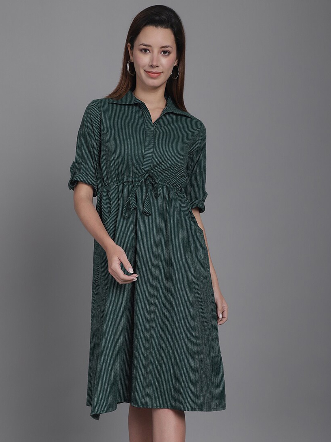 

Aarsha Striped Cotton Shirt Midi Dress, Green