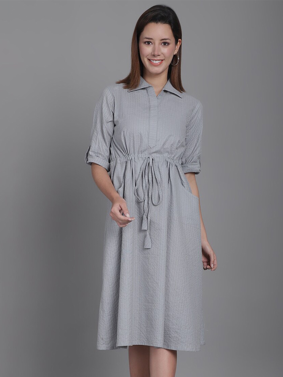 

Aarsha Striped Cotton Shirt Midi Dress, Grey