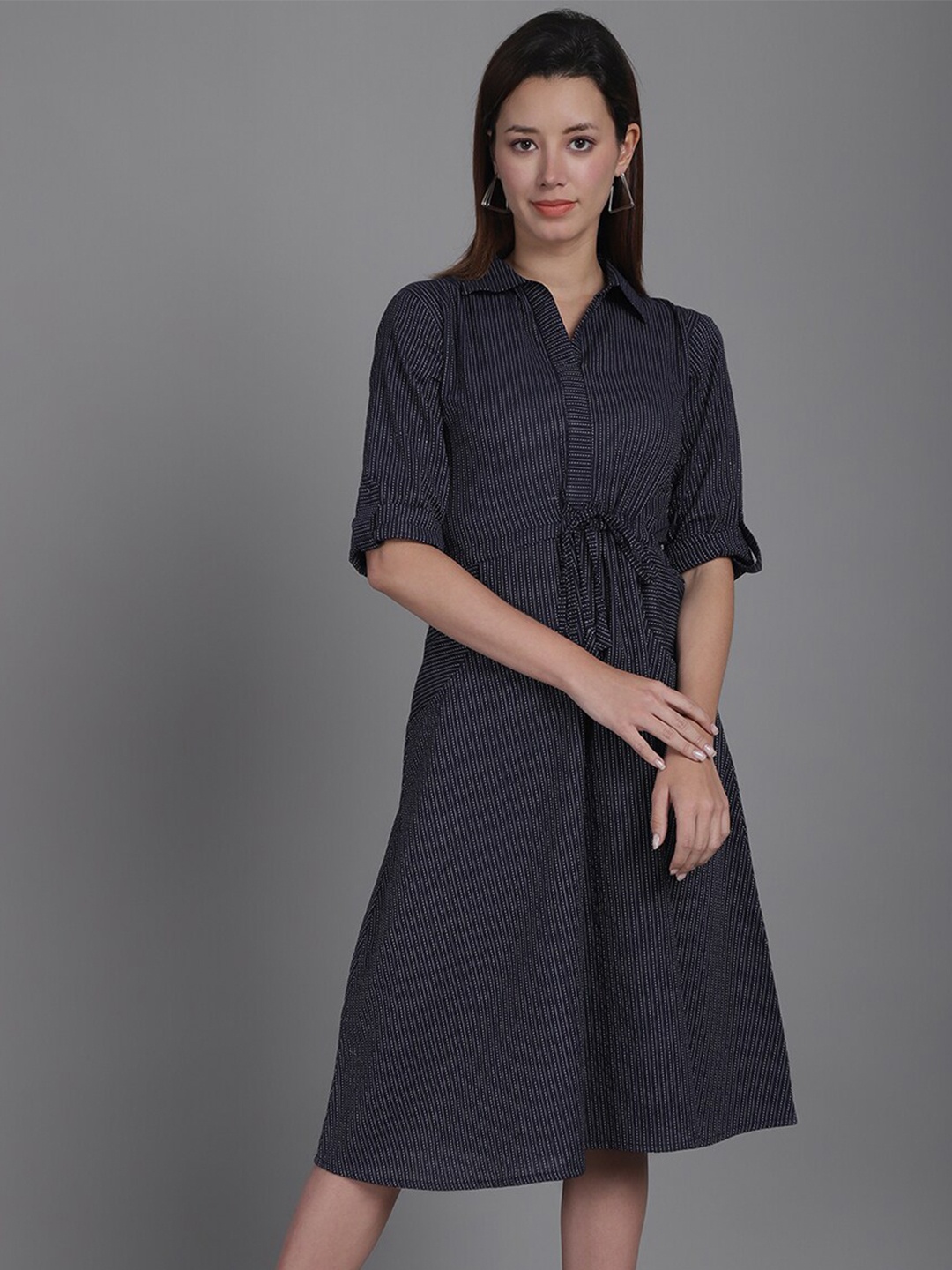 

Aarsha Striped Cotton Shirt Midi Dress, Navy blue