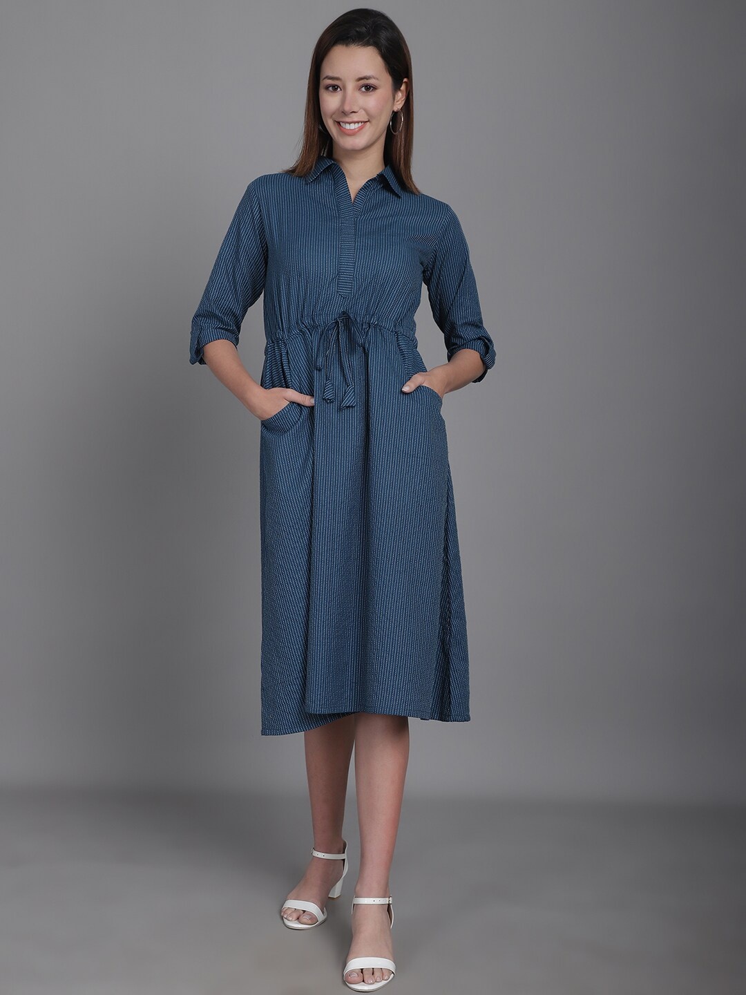 

Aarsha Striped Cotton Shirt Midi Dress, Teal