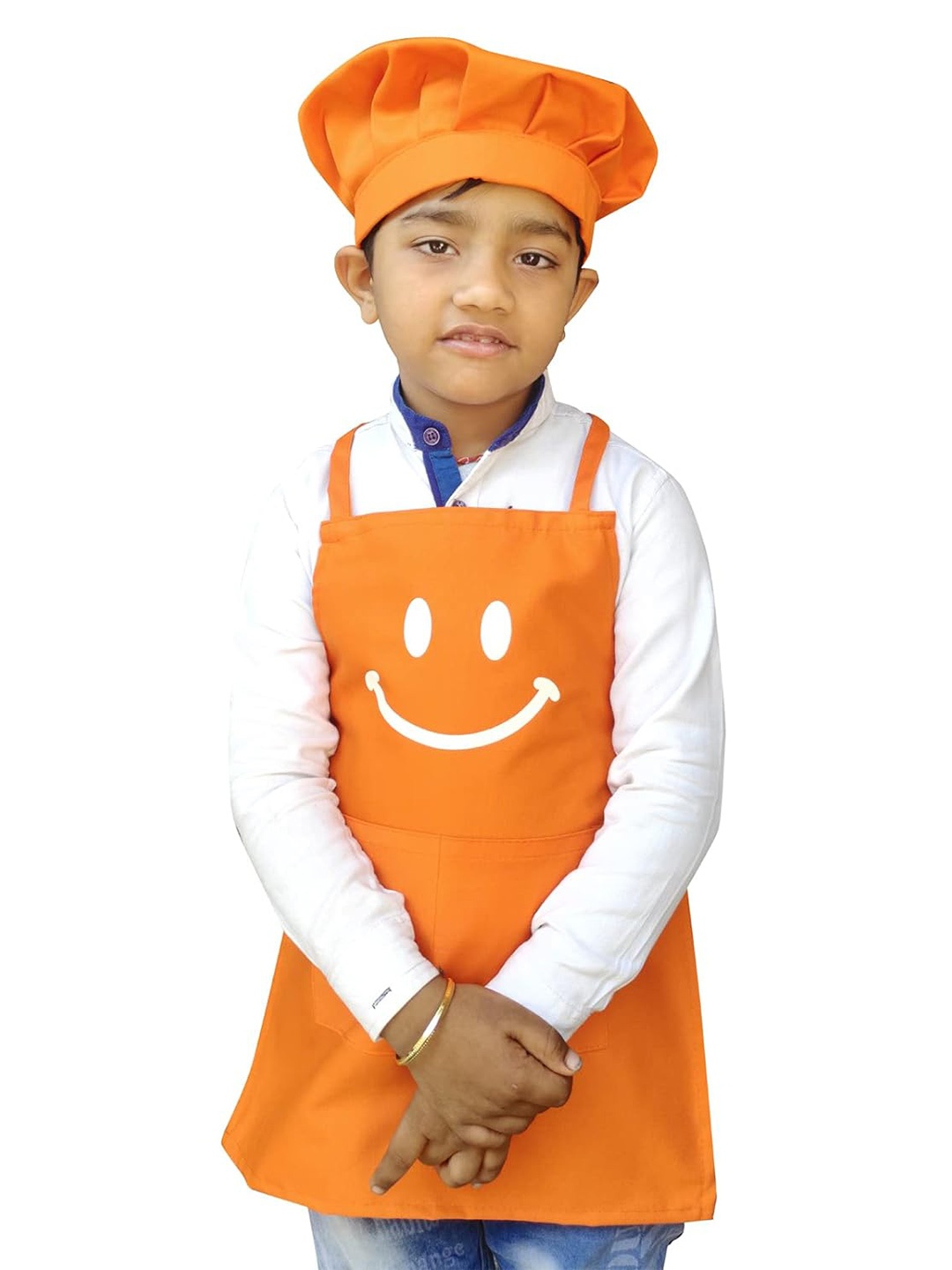 

SWITCHON Orange & White Smiley Printed Waterproof Apron with Elasticated Cap