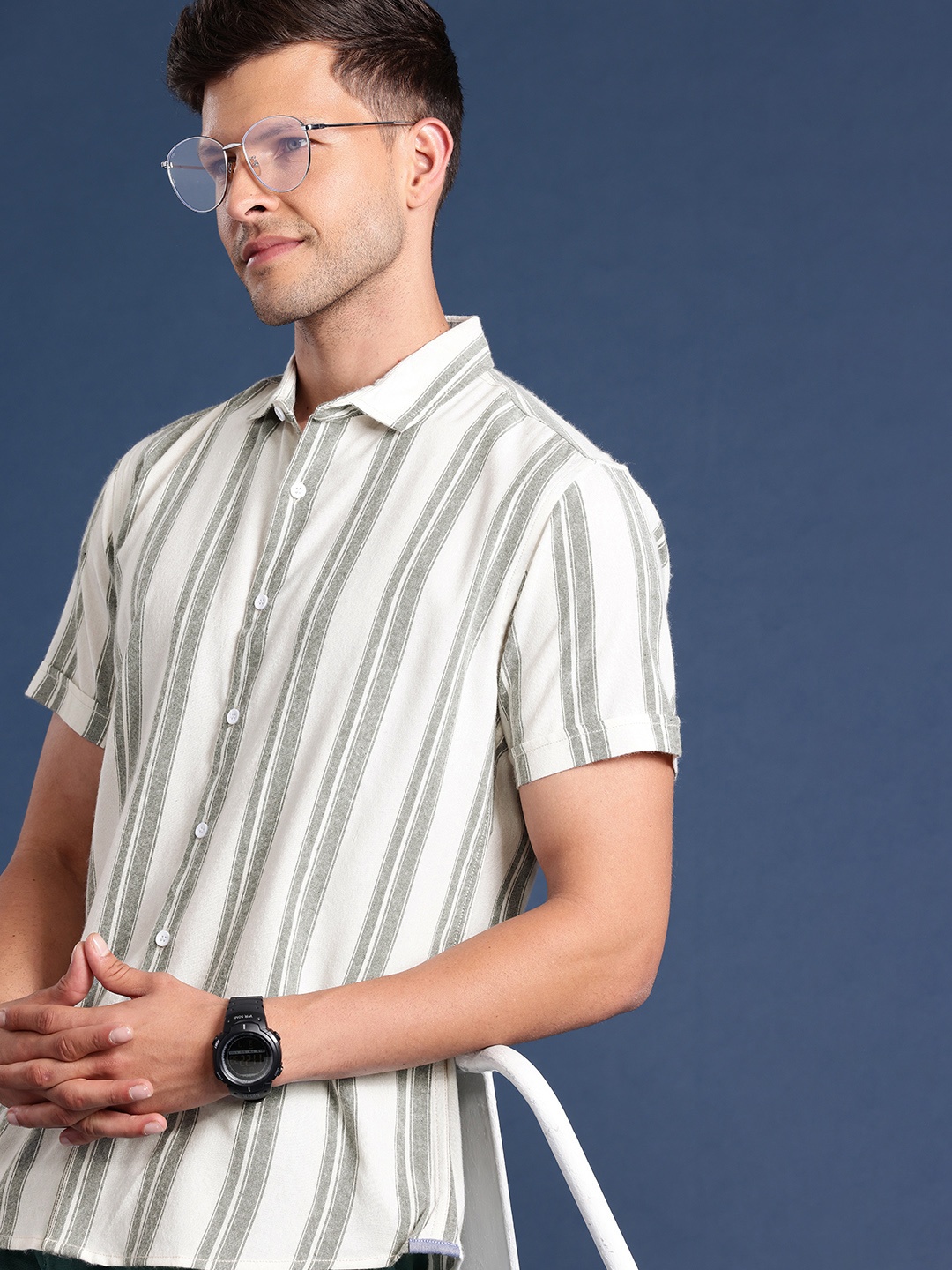 

Mast & Harbour Men Slim Fit Striped Casual Shirt, Olive
