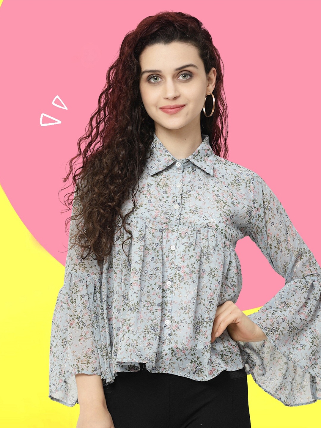

MISS AYSE Floral Printed Shirt Collar Bell Sleeves Georgette Shirt Style Top, Grey