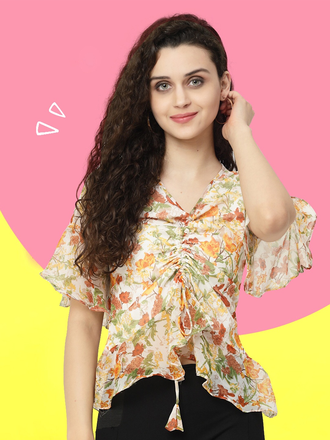 

MISS AYSE Floral Printed V-Neck Flared Sleeves Ruched Detail Georgette Top, Orange