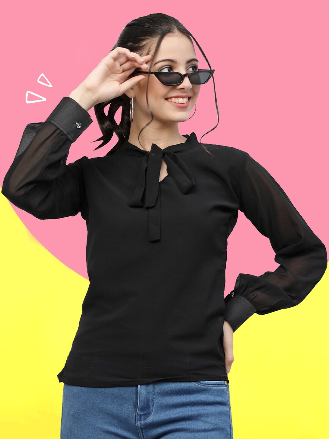 

MISS AYSE Tie-Up Neck Cuffed Sleeves Georgette Top, Black