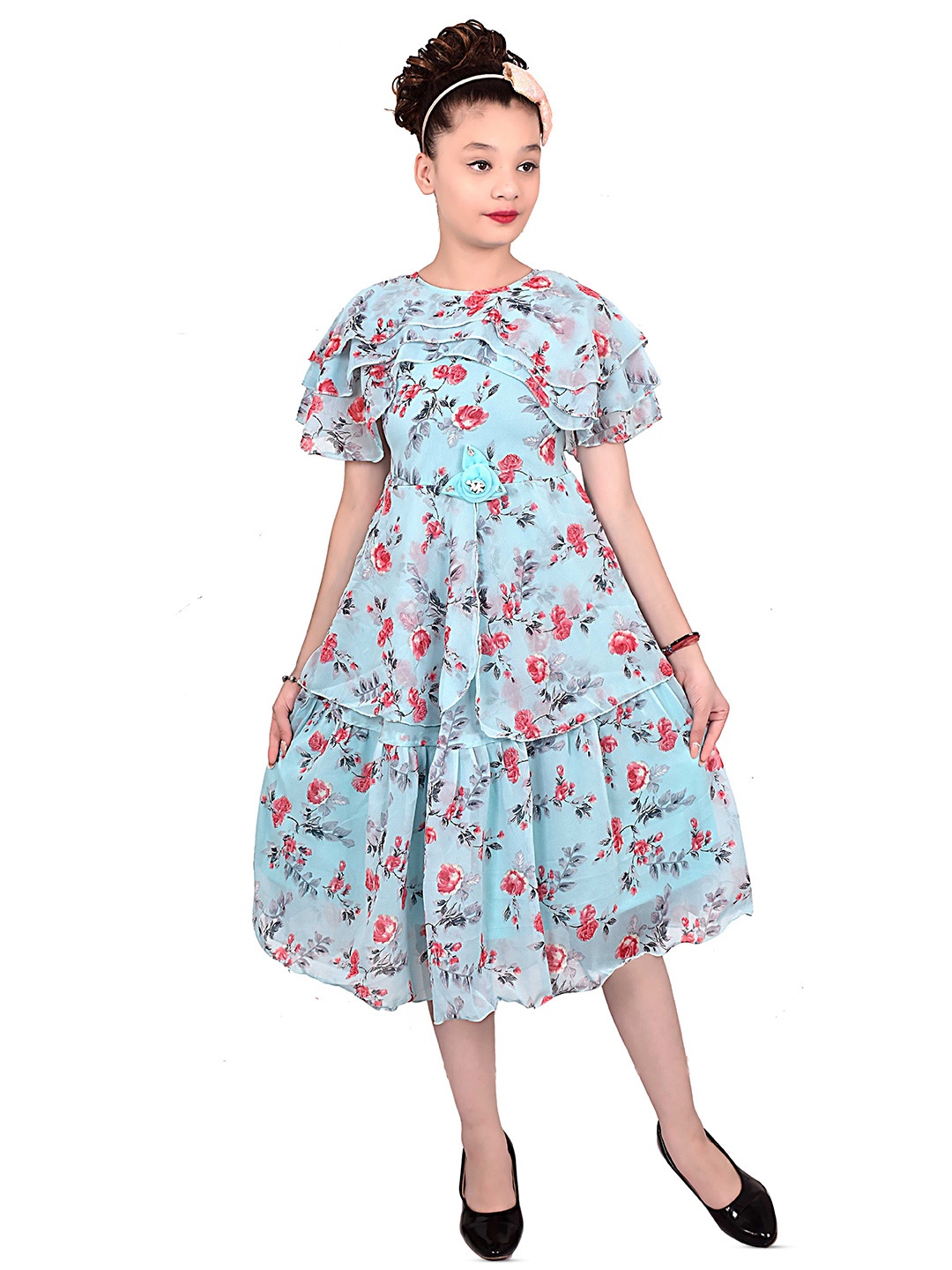 

BAESD Girls Floral Printed Cape Sleeves Layered Tiered Georgette Fit & Flare Midi Dress, Blue