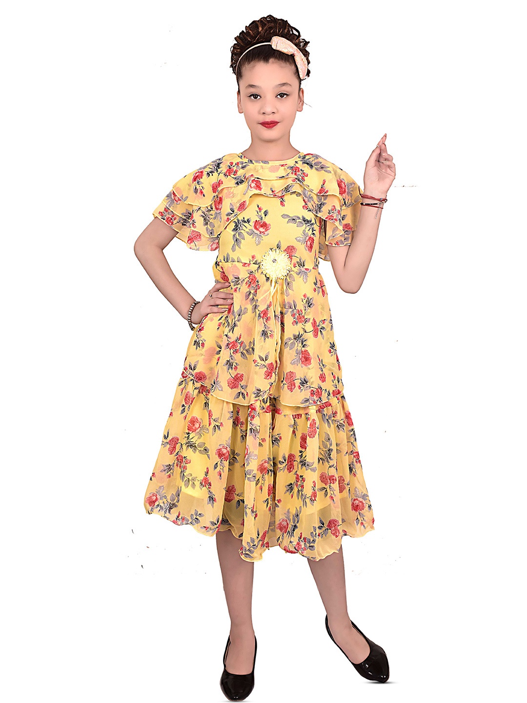 

BAESD Girls Floral Printed Cape Sleeves Layered Tiered Georgette Fit & Flare Midi Dress, Yellow