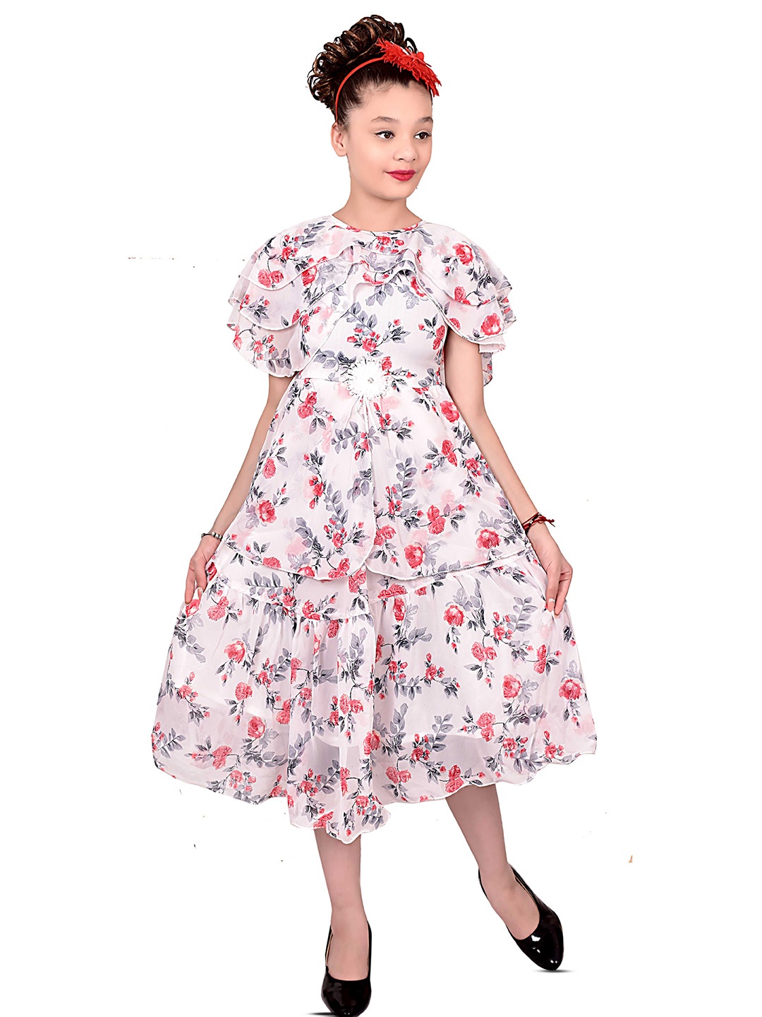 

BAESD Floral Print Flared Sleeve Applique Georgette Fit & Flare Midi Dress, White