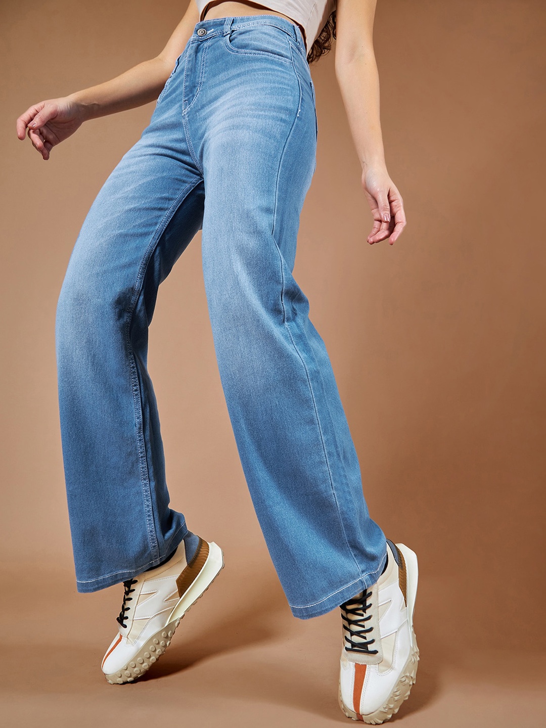 

Roadster Women Wide Leg Mid RiseRegular Length Blast Effect Denim Jeans, Blue