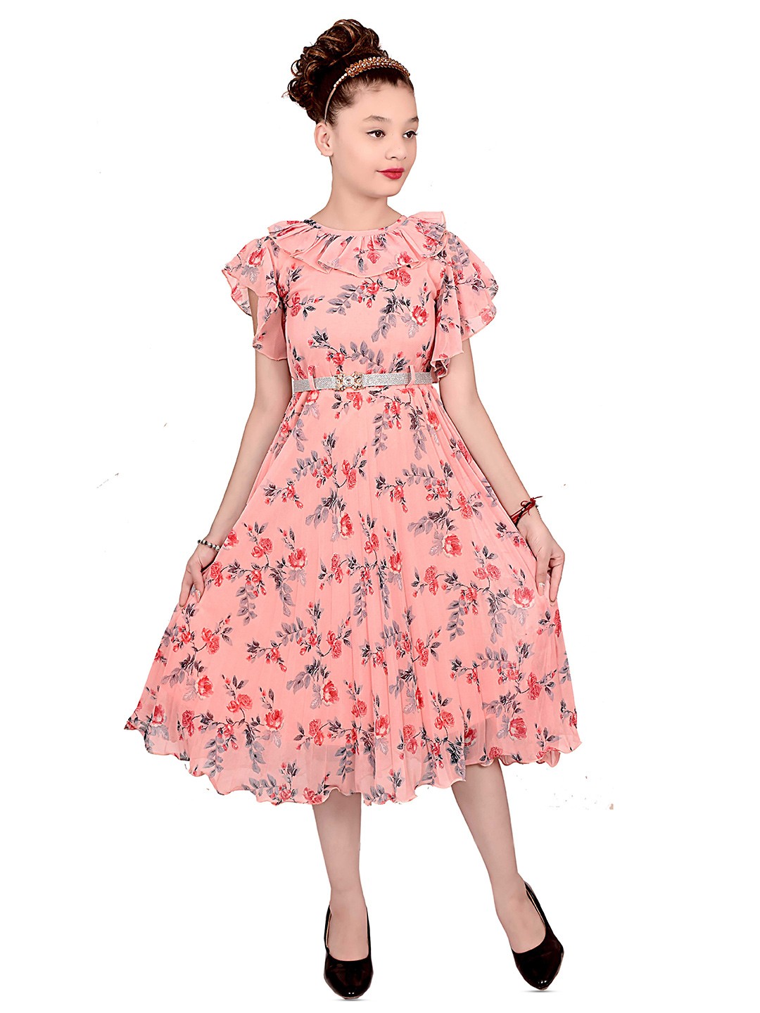 

BAESD Floral Print Applique Georgette Fit & Flare Dress, Peach