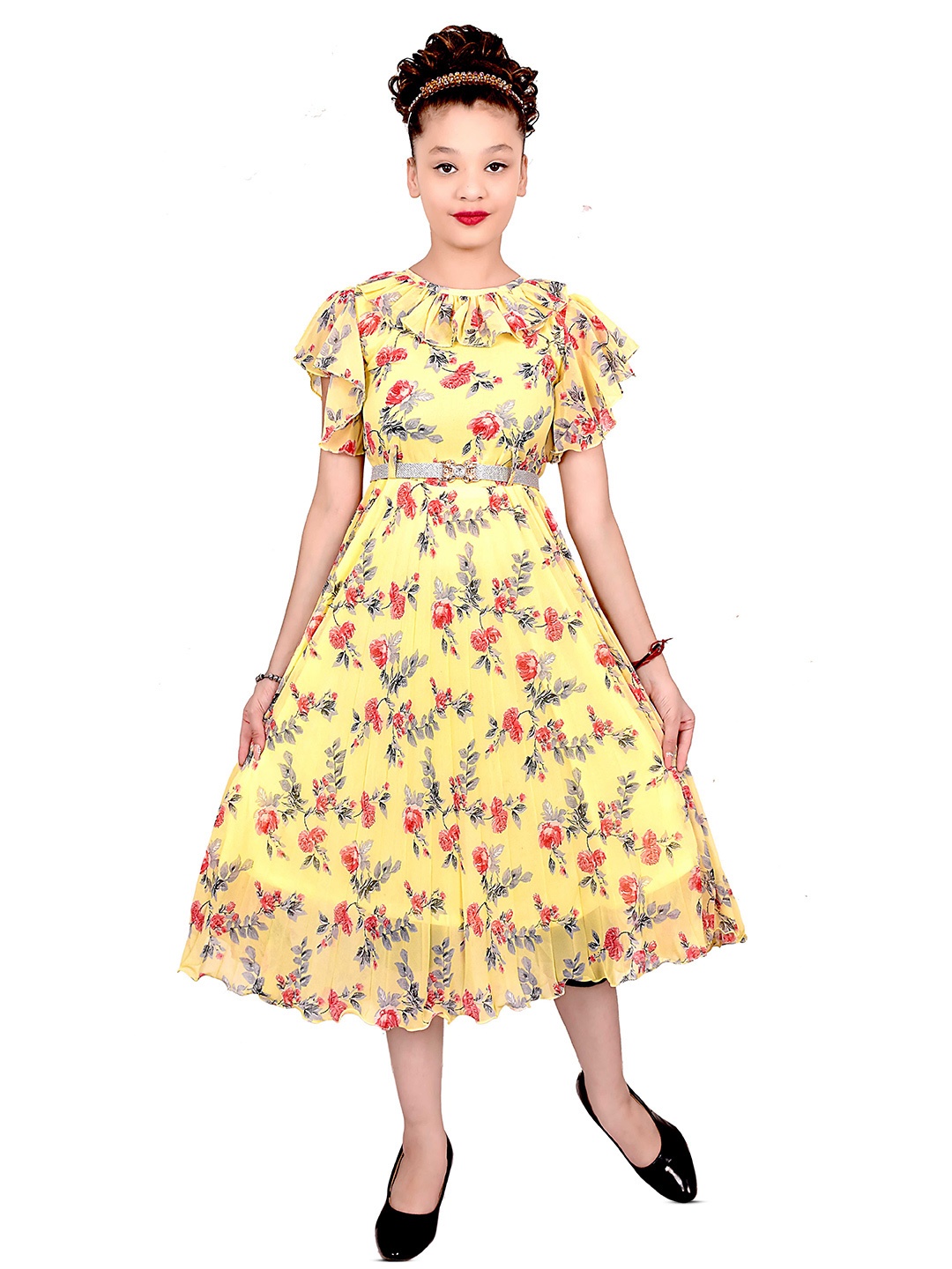 

BAESD Floral Print Flutter Sleeve Applique Georgette Fit & Flare Midi Dress, Yellow