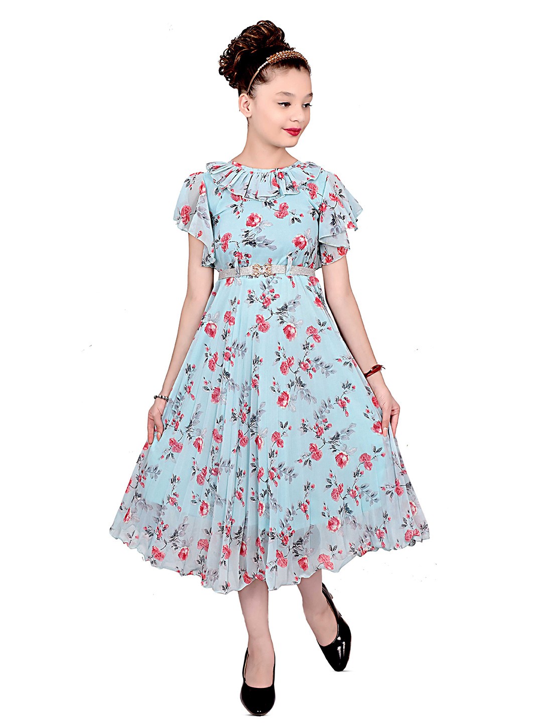 

BAESD Floral Print Applique Georgette Fit & Flare Midi Dress, Blue
