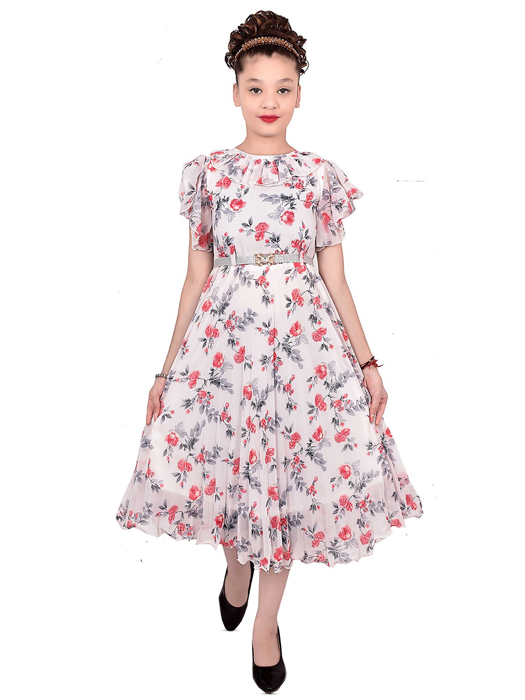 

BAESD Floral Print Applique Georgette Fit & Flare Midi Dress, White