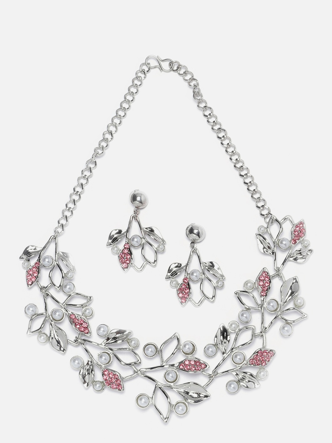 

Kennice Silver-Plated Cubic Zirconia Studded & Pearls Beaded Leaf Shaped Jewellery Set