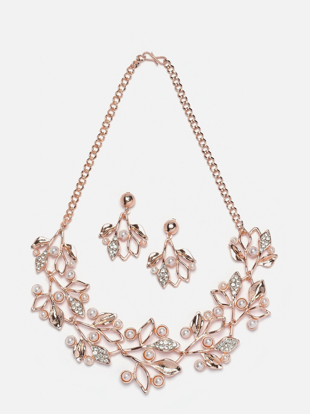 

Kennice Rose Gold Plated CZ Studded Leaf Shaped Jewellery Set