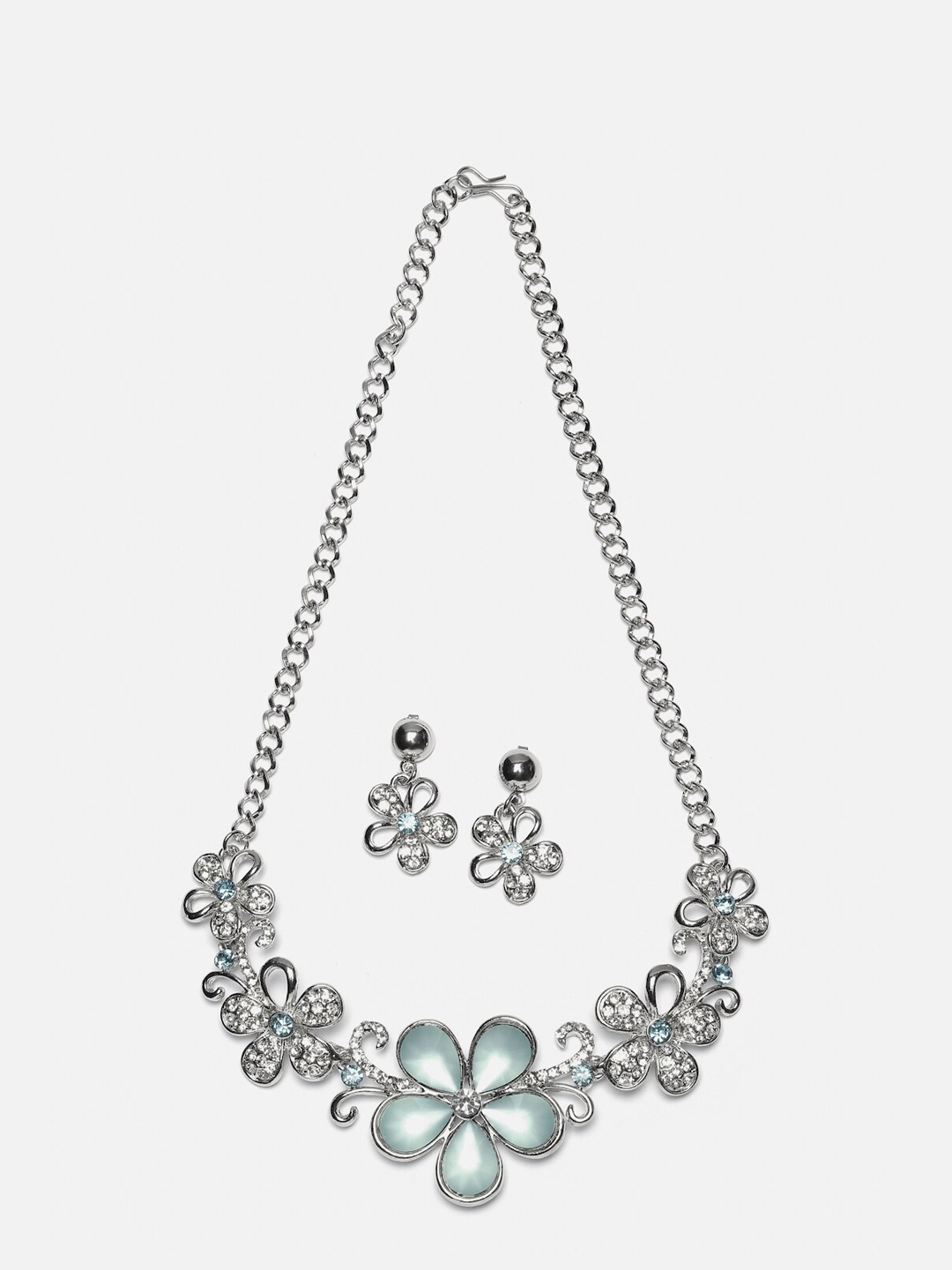 

Kennice Rhodium-Plated AD-Studded Floweret Jewellery Set, Silver