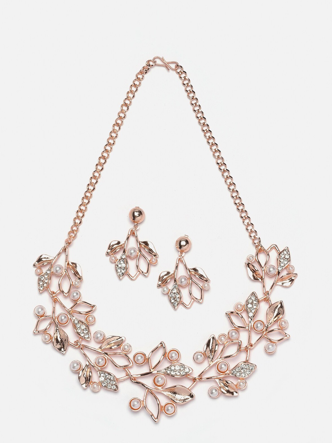 

Aazeen Rose Gold-Plated Cubic Zirconia Studded & Pearls Leaf Shaped Jewellery Set