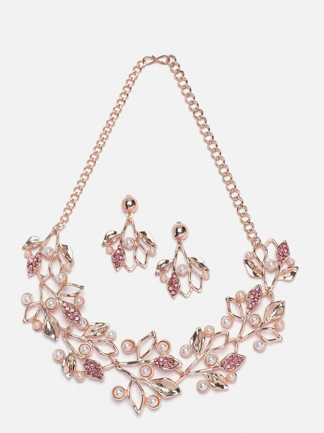 

Aazeen Rose Gold-Plated Cubic Zirconia Studded & Pearls Beaded Leaf Shaped Jewellery Set