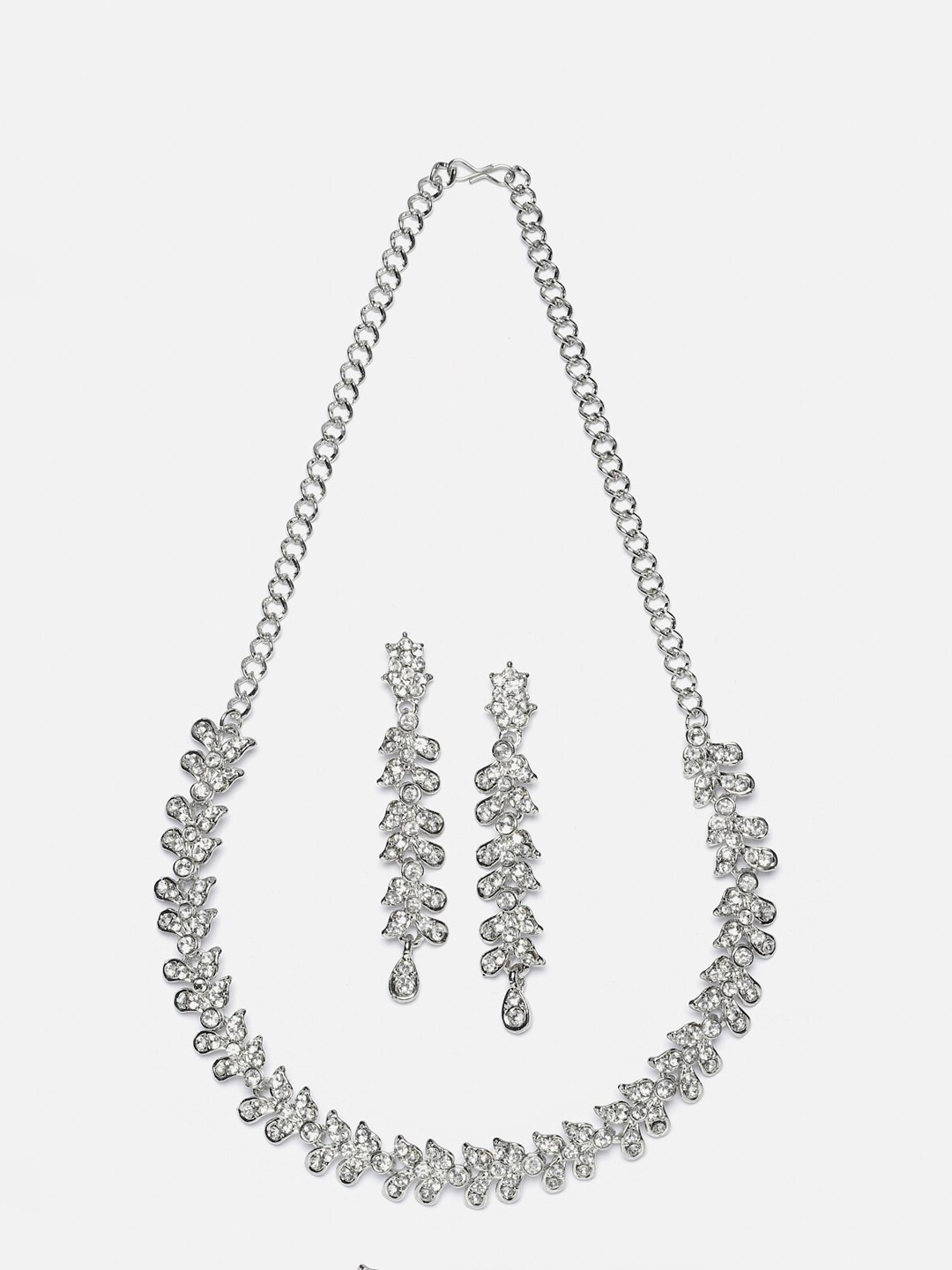 

Aazeen Rhodium Plated Cubic Zirconia Studded Leafy Shaped Jewellery Set, Silver