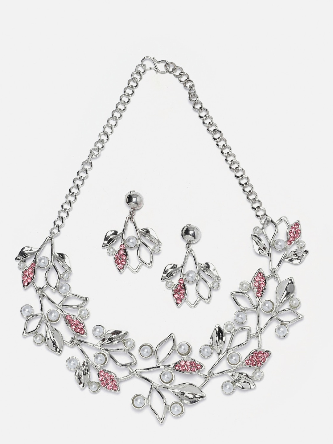 

Aazeen Silver-Plated Cubic Zirconia Stone-Studded Pearls Beaded Jewellery Set