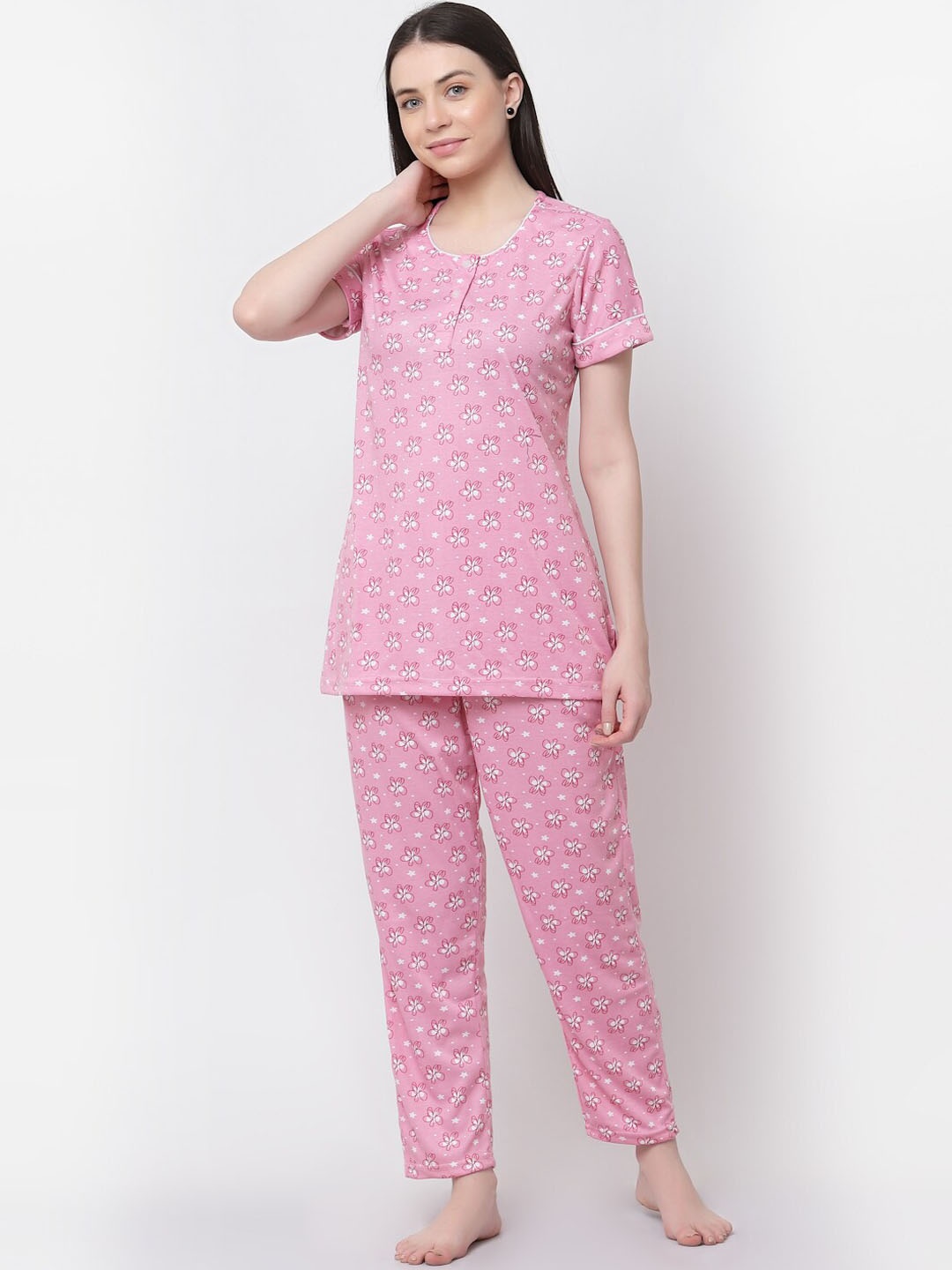 

SHYAM SONS FLAIR Floral Printed Pure Cotton Night Suit, Pink